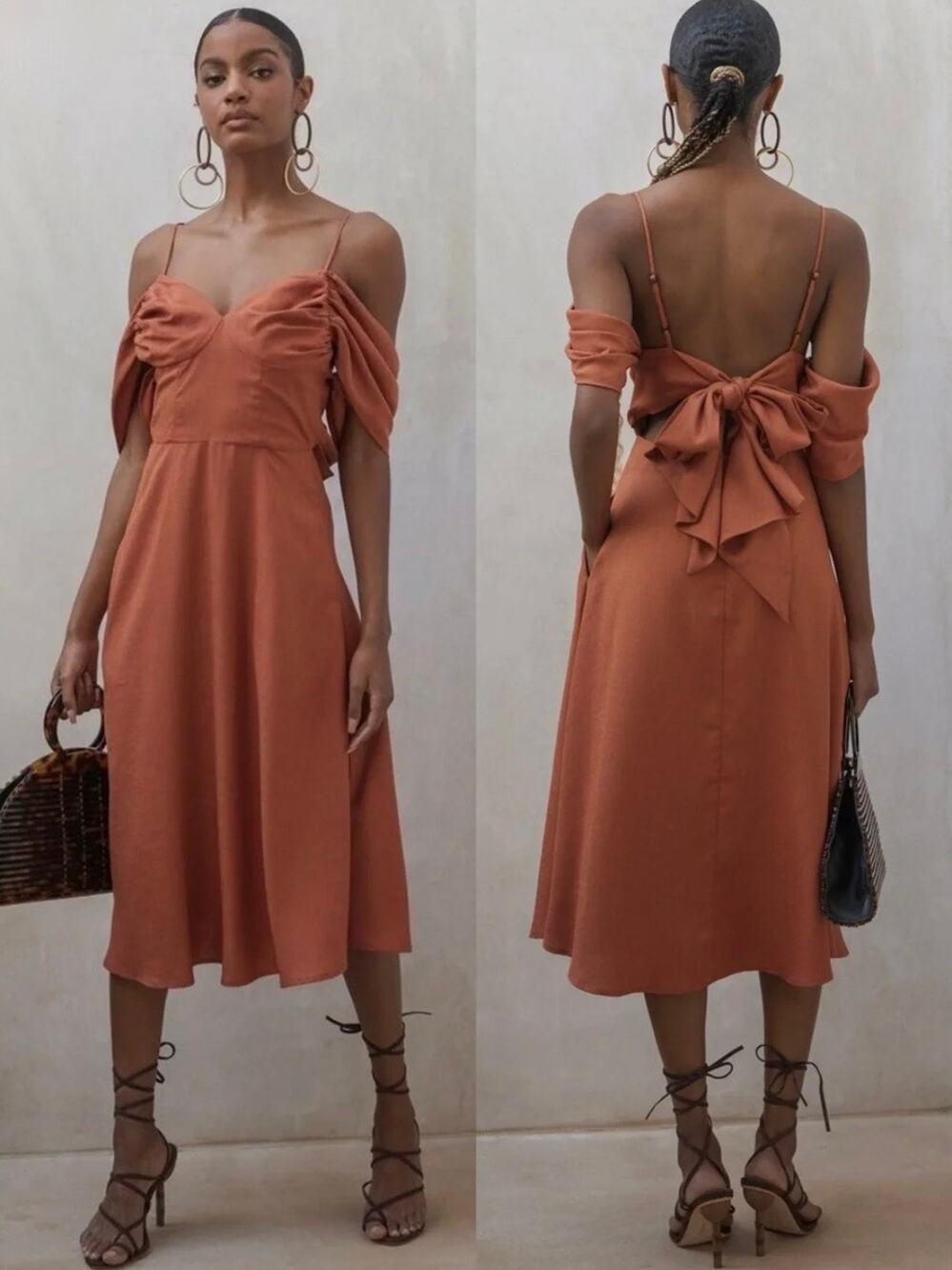 NWT Cult Gaia Katalina Cold-Shoulder Woven Silk Midi Dress - Amber - Size L